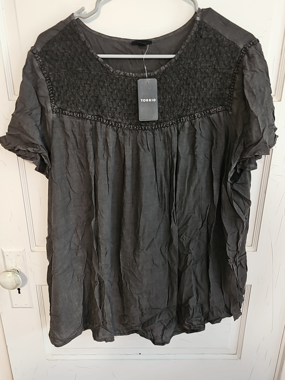 torrid Dark Olive Smocked Yoke Short Sleeve Blouse